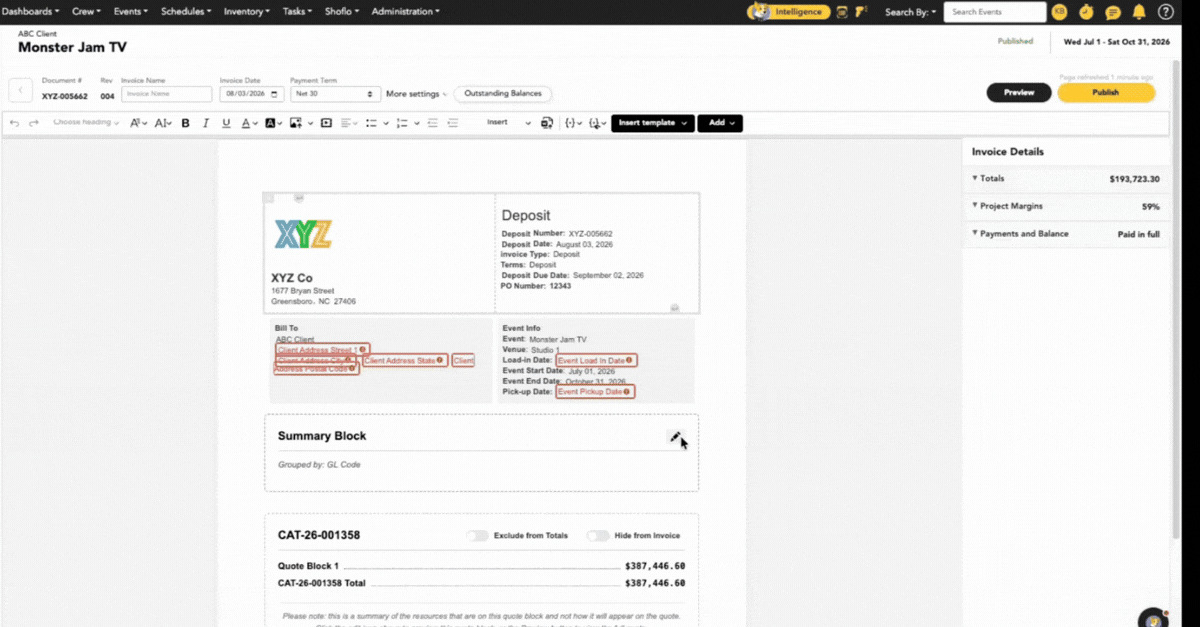 organize the invoice with summary blocks